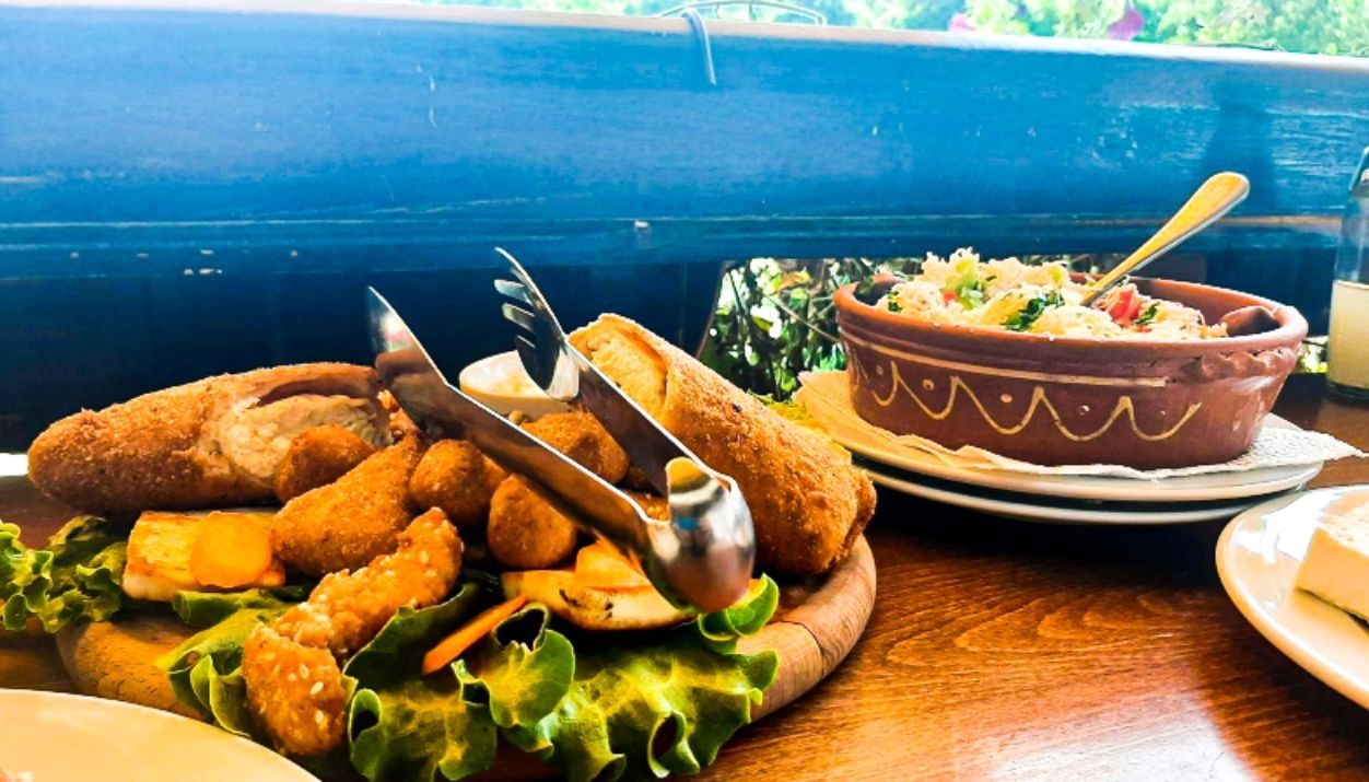 A spread of delicious traditional Macedonian food served at Hotel Manastir including the famous Berovo cheese