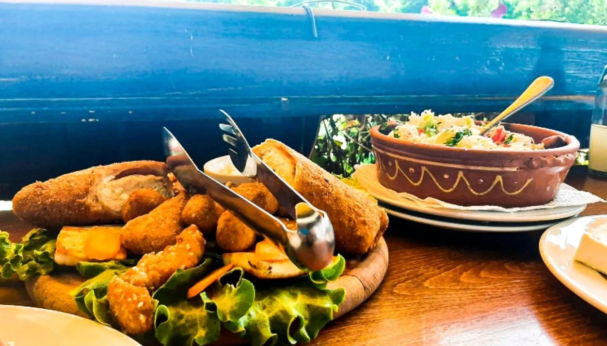 A spread of delicious traditional Macedonian food served at Hotel Manastir including the famous Berovo cheese