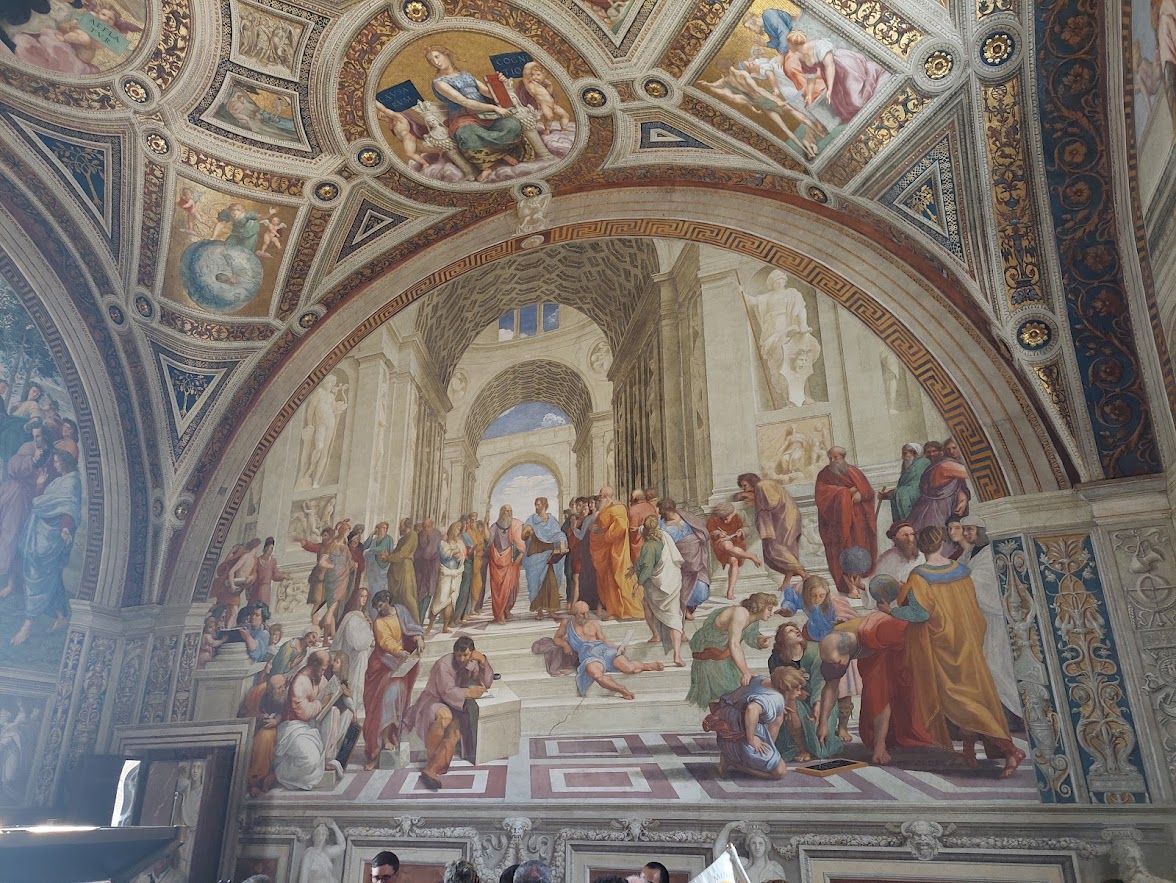 Elaborate tapestries and frescoes decorating the Vatican Museums visited by millions each year
