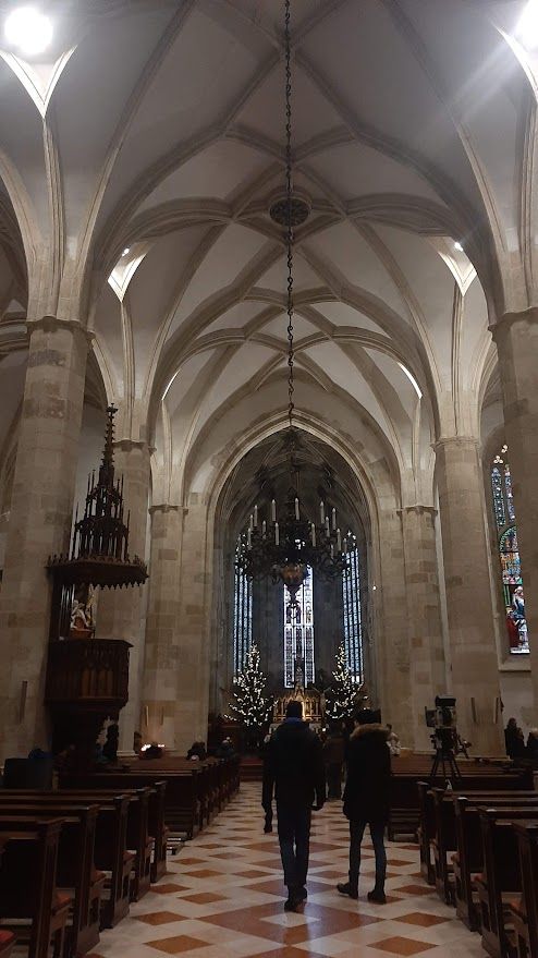 The serene Christmas-decorated interior of St Martins Cathedral glowing in festive spirit