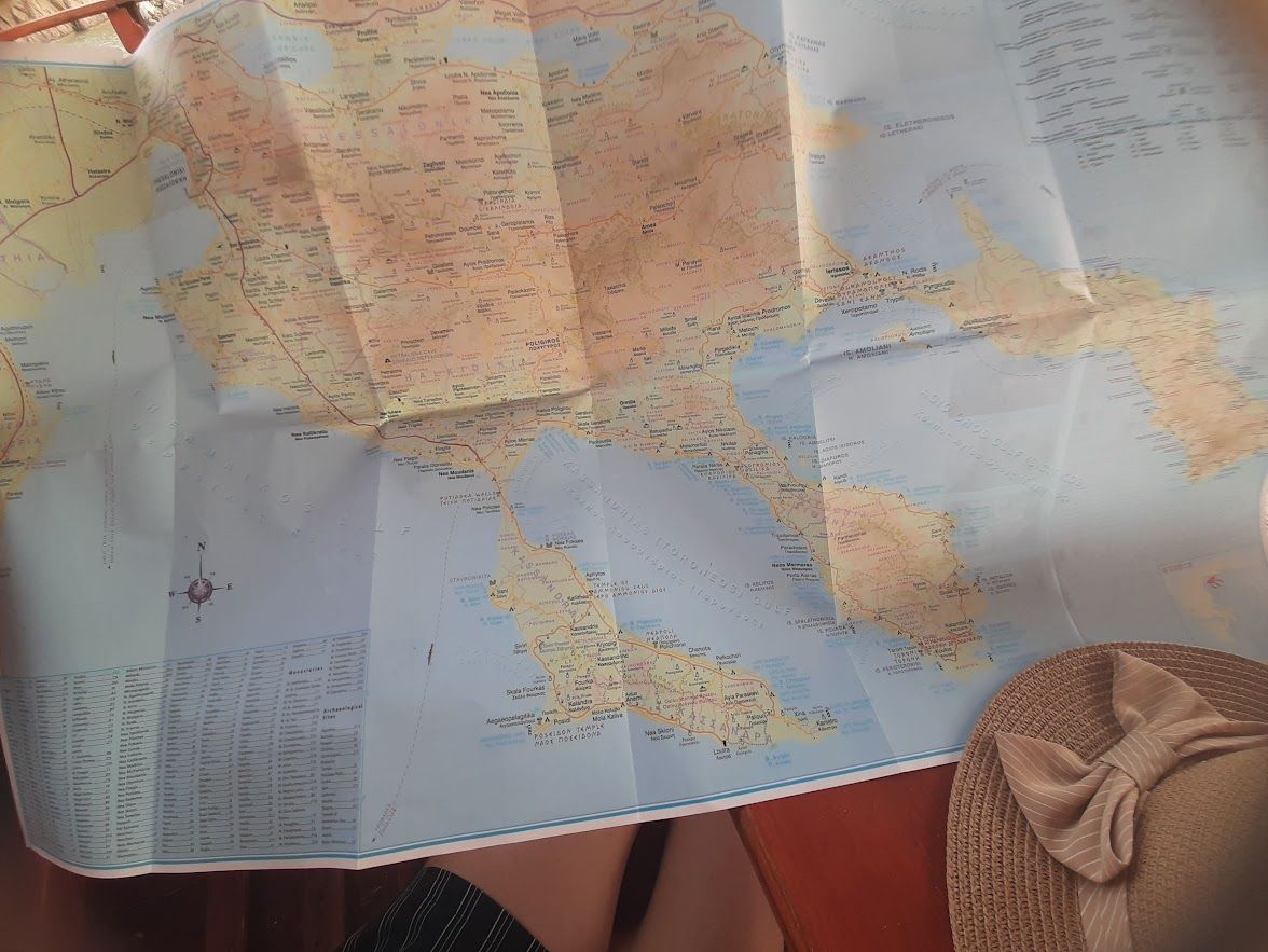 A map of Halkidiki showing the three prongs of the peninsula as the boat heads to Sithonia