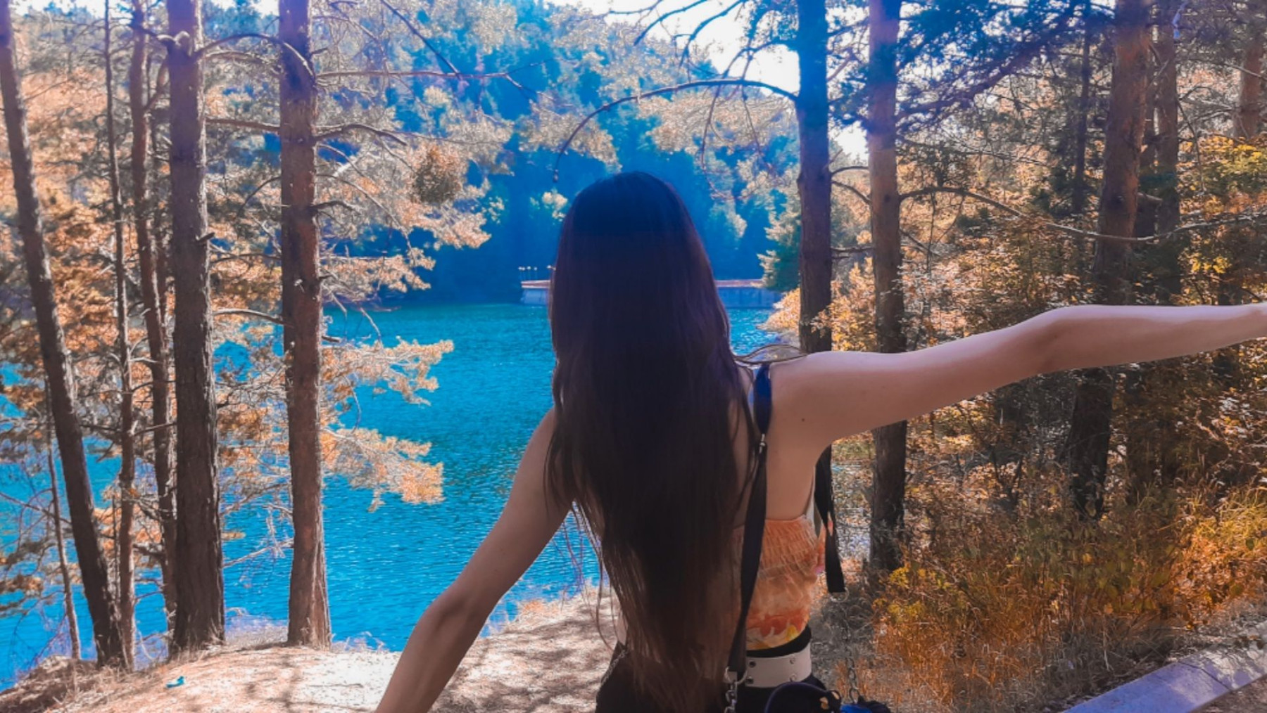 The stunning natural color palette of Berovo Lake with vibrant greens and deep blue water reflecting the sky