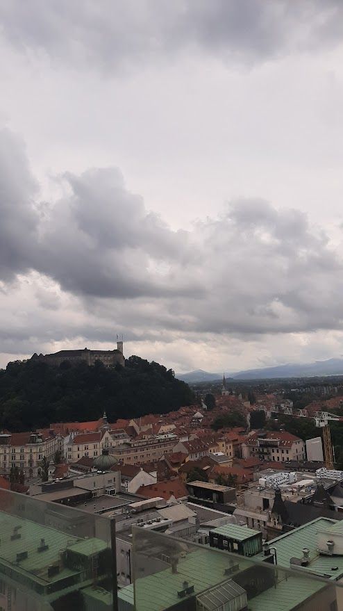 A selfie at the Neboticnik rooftop with the stunning Ljubljana panorama stretching below