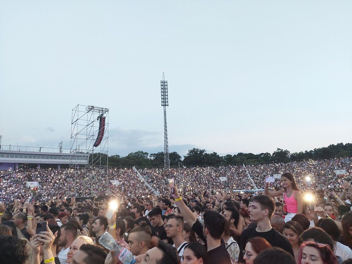 The massive excited crowd at the Imagine Dragons concert in Sofia singing along to every hit song