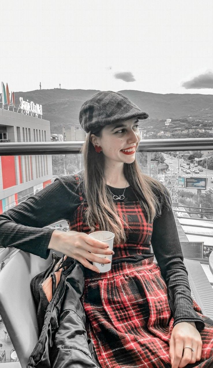 The full plaid skirt autumn outfit from head to toe including tights boots and a cozy top
