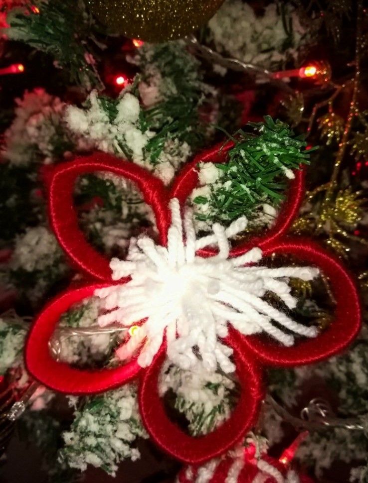 Adorable handmade wool cap ornaments in festive colors hanging on the Christmas tree
