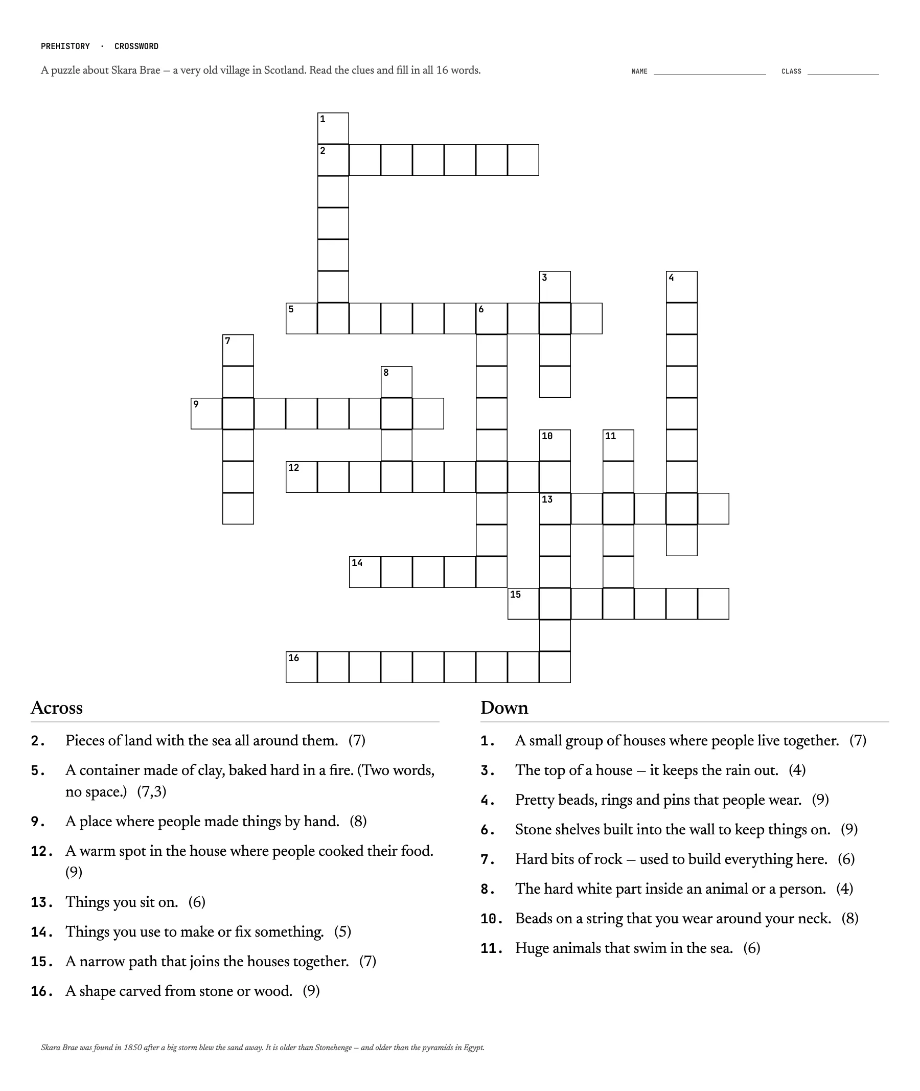 Crossword for Practicing Vocabulary: Prehistory &amp; Skara Brae