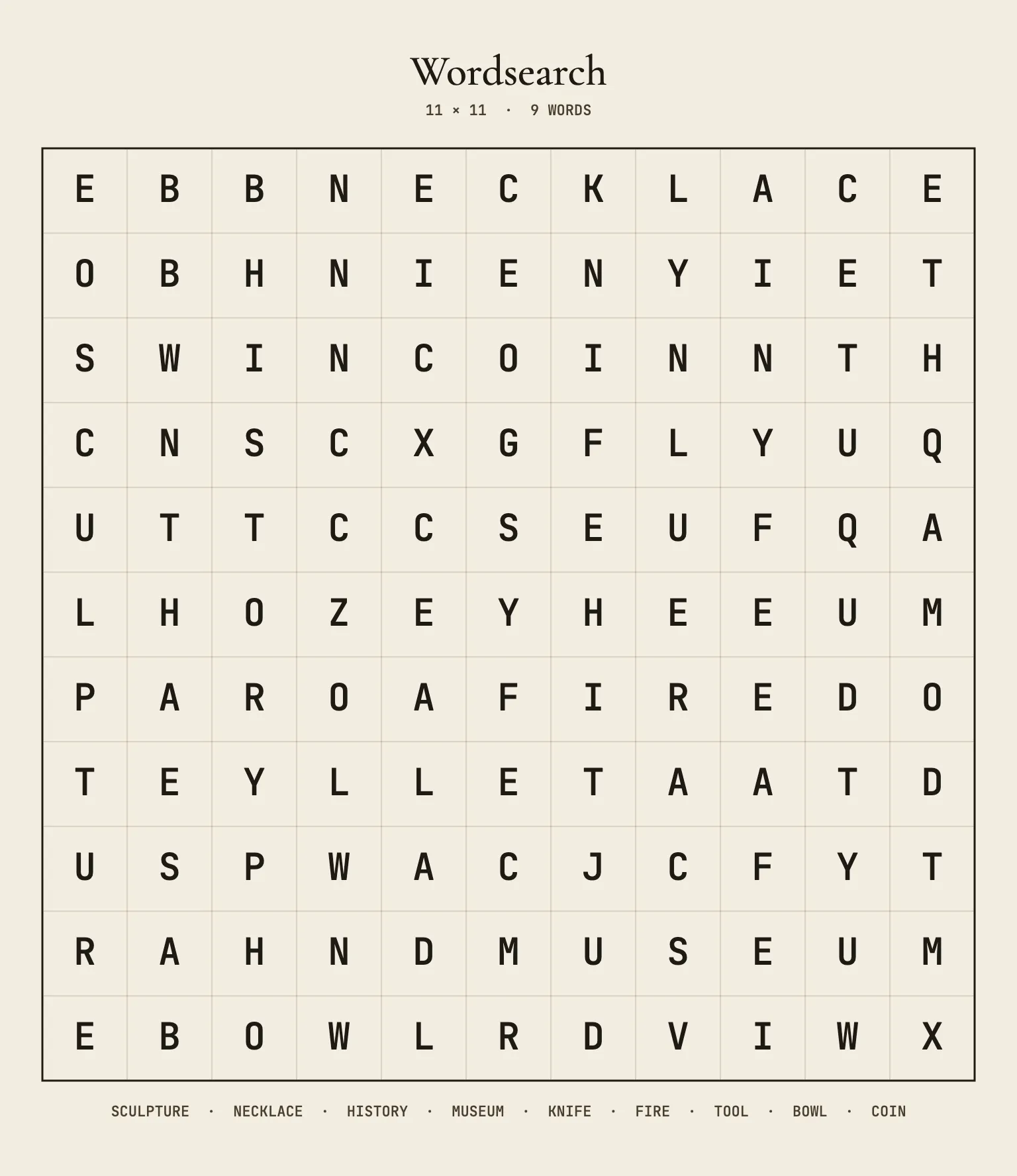 Word Search: Museum Vocabulary (A1–A2)