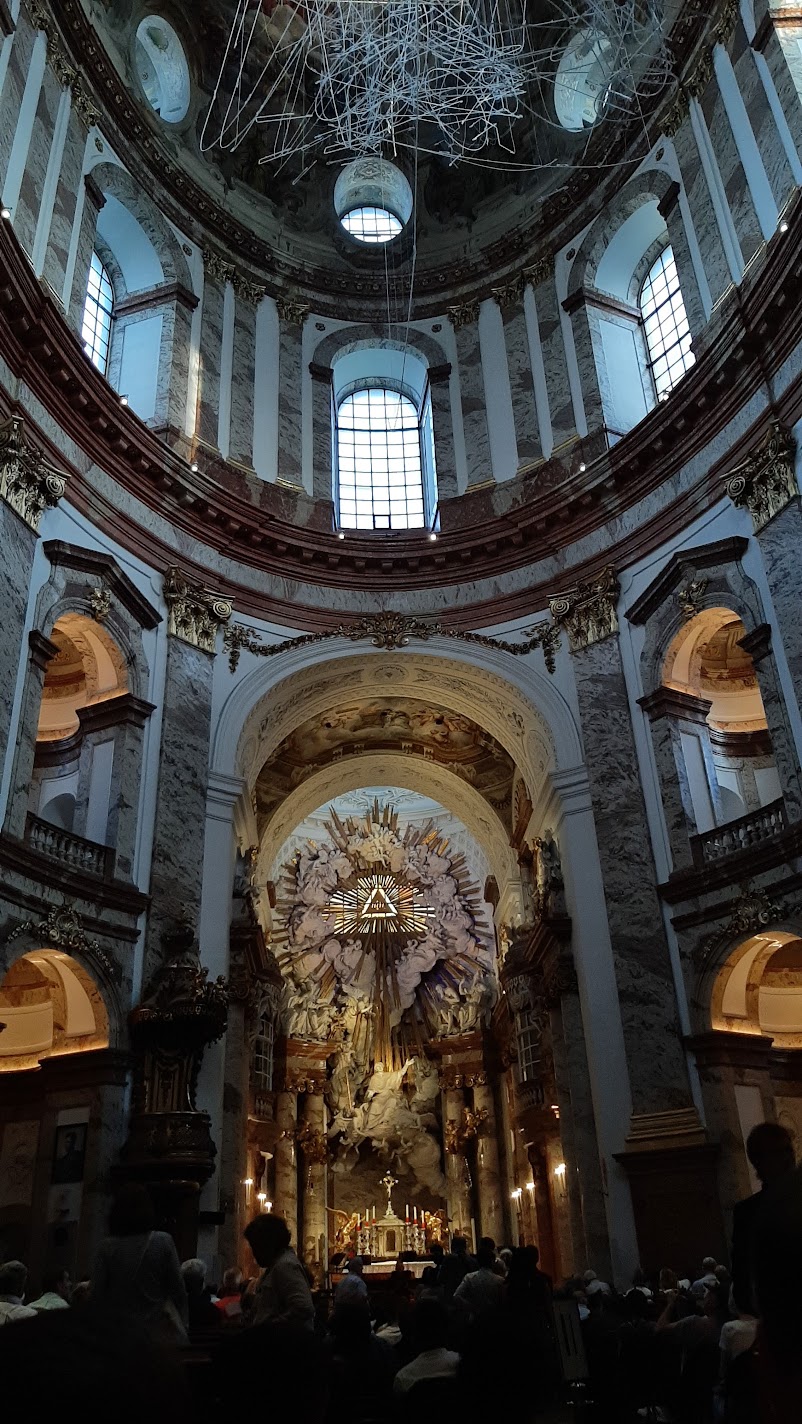 The Baroque interior of Karlskirche church, a classical concert venue in Vienna