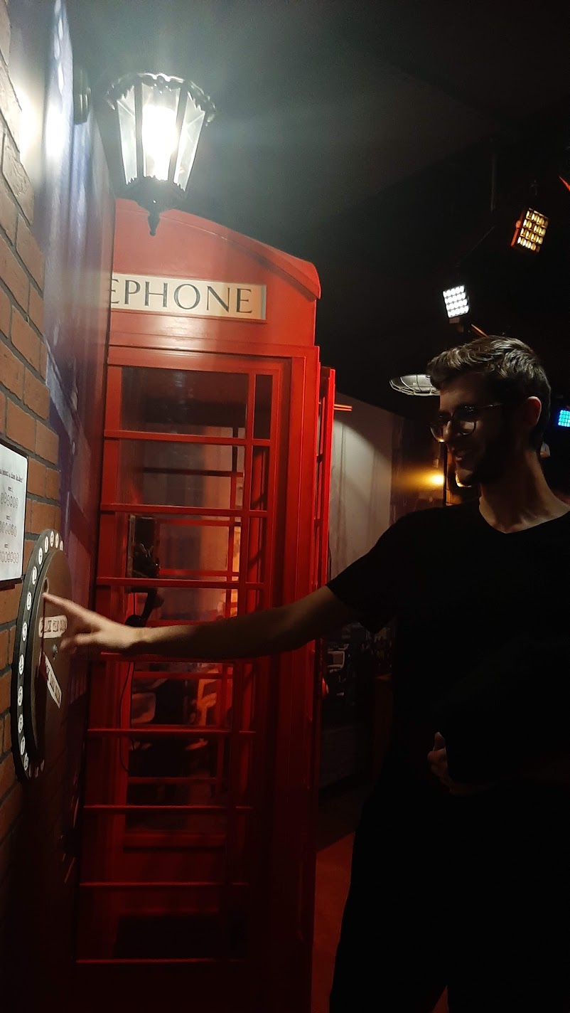 A red British telephone box display at Madame Tussauds in Vienna