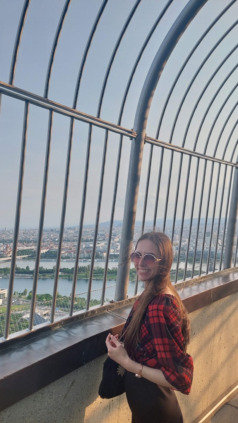 At the observation deck of the Danube Tower overlooking Vienna