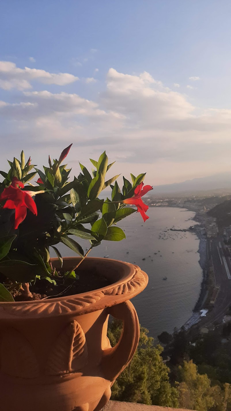 A terracotta urn with red flowers overlooking the bay from Villa Comunale in Taormina