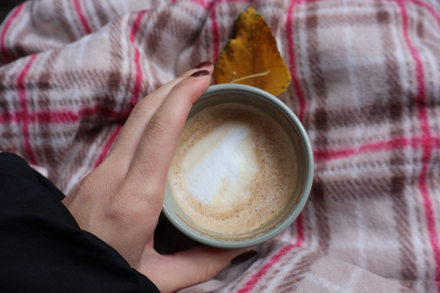 Hand holding a macchiato on a checked blanket, with a yellow autumn leaf beside the cup
